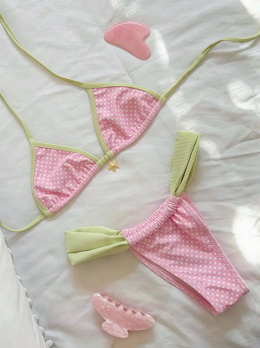Pink Polka Dot Green Trim Bikini Set