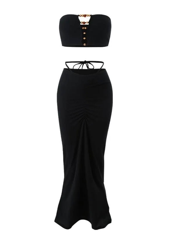 Beaded Paradise Black 3-Piece Bikini Set - Bandeau with Wooden Beads & Ruched Maxi Skirt