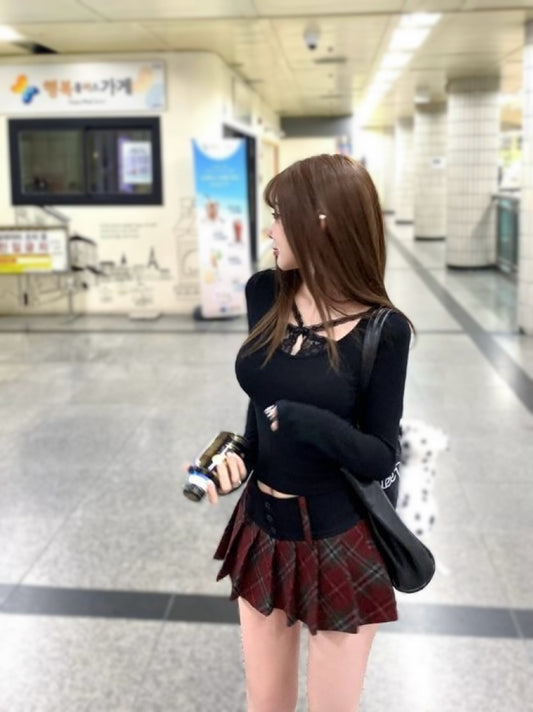 Dark Academia Baby Lace Top & Plaid Mini Skirt