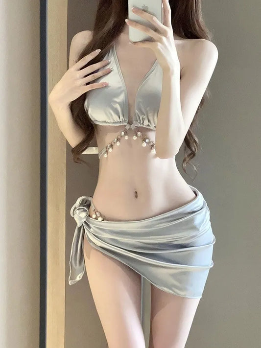 Celeste Silver Satin Luxe 3-Piece Bikini Set - Pearl Charms