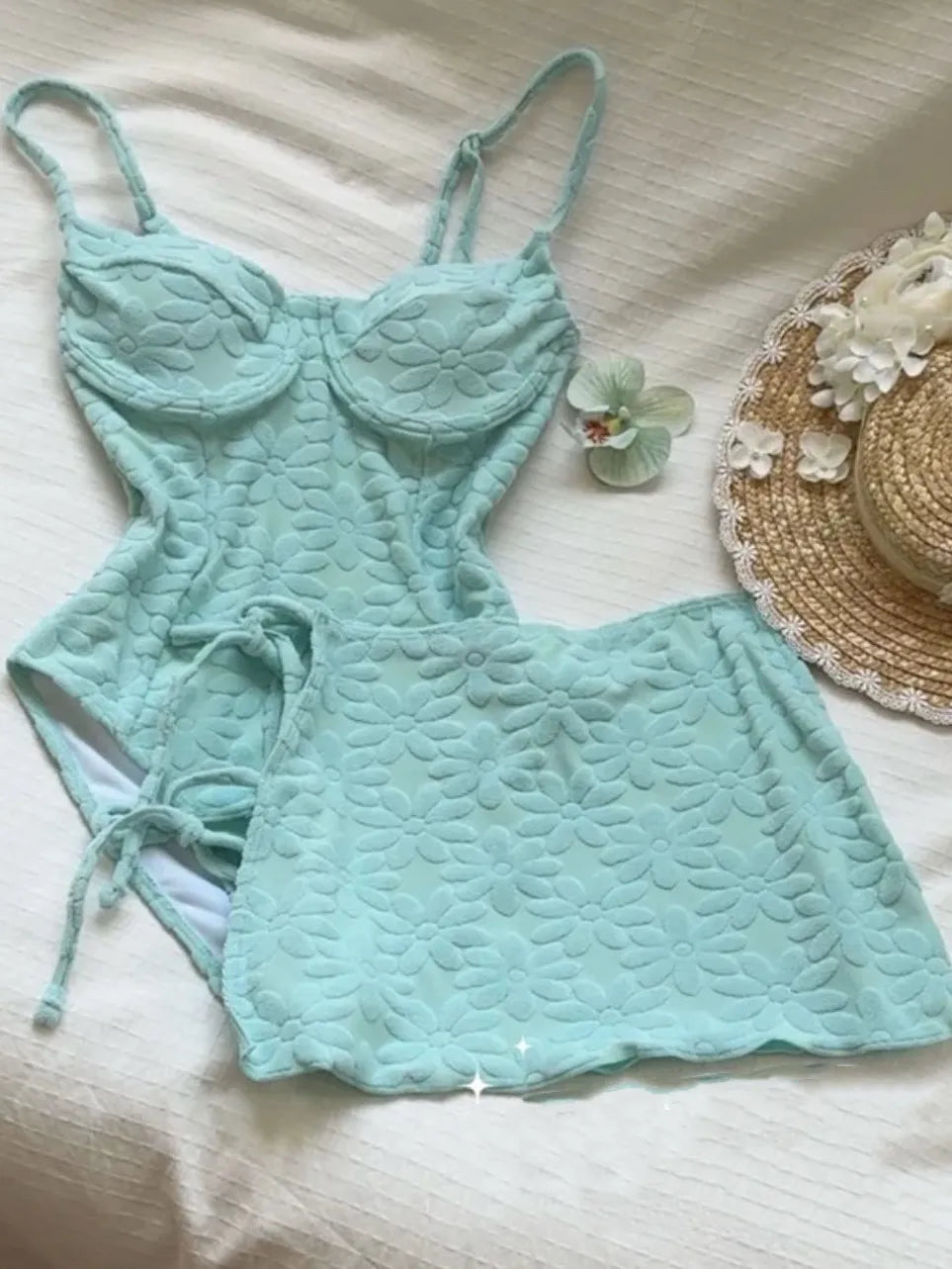 Chamomile Dream Baby Blue One-Piece Swimsuit with Skirt — Floral Embroidery & Underwire