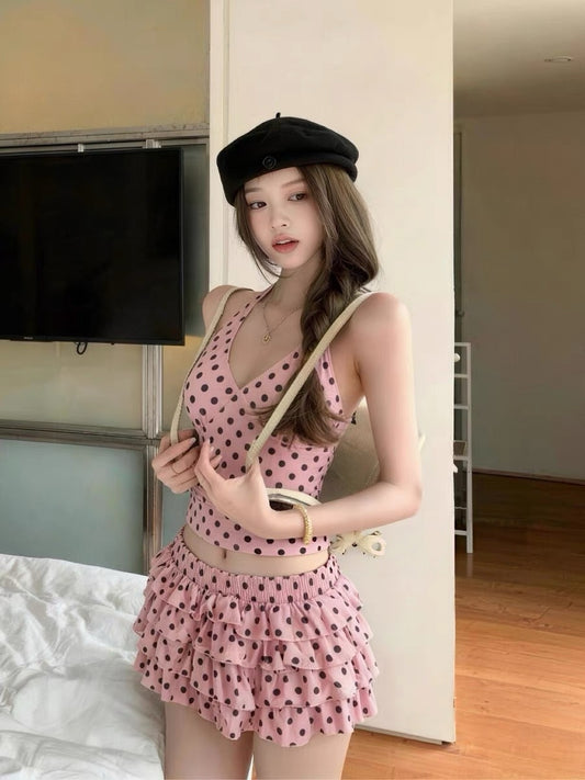 Rosé Polka Bikini Set with Ruffle Skirt