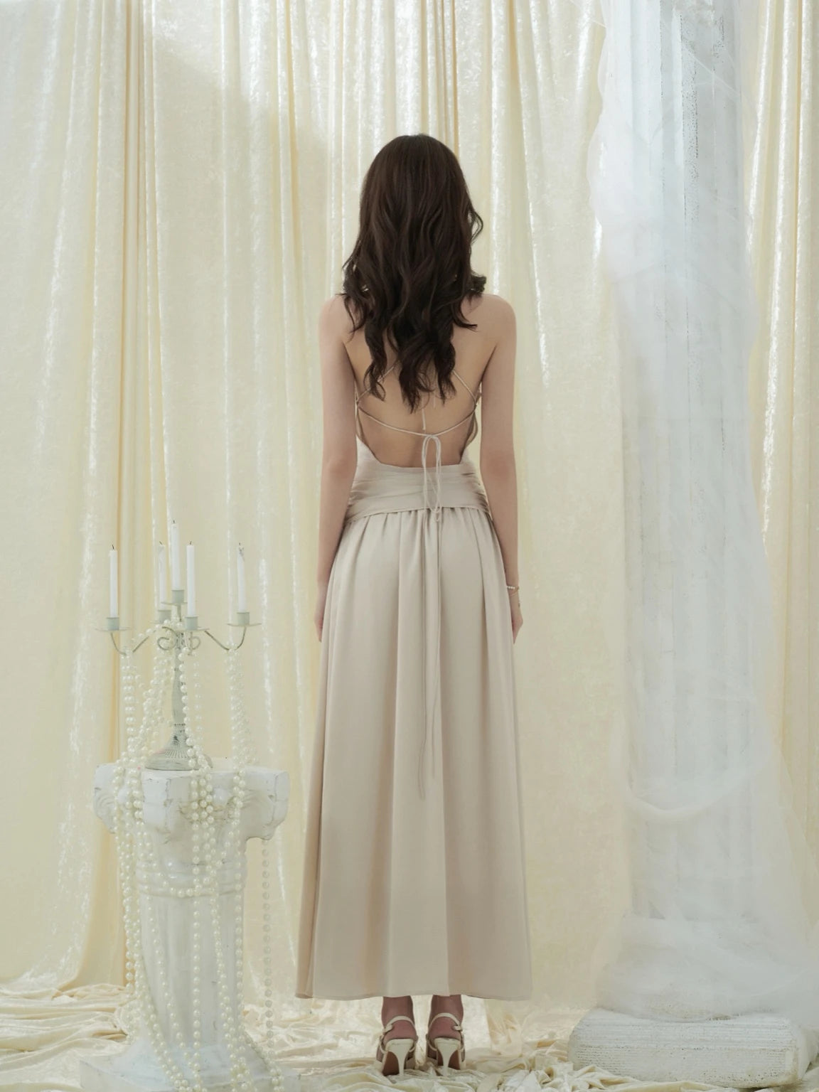 Crow Crew Champagne V-Neck Spaghetti Strap Backless Maxi Dress - PREORDER