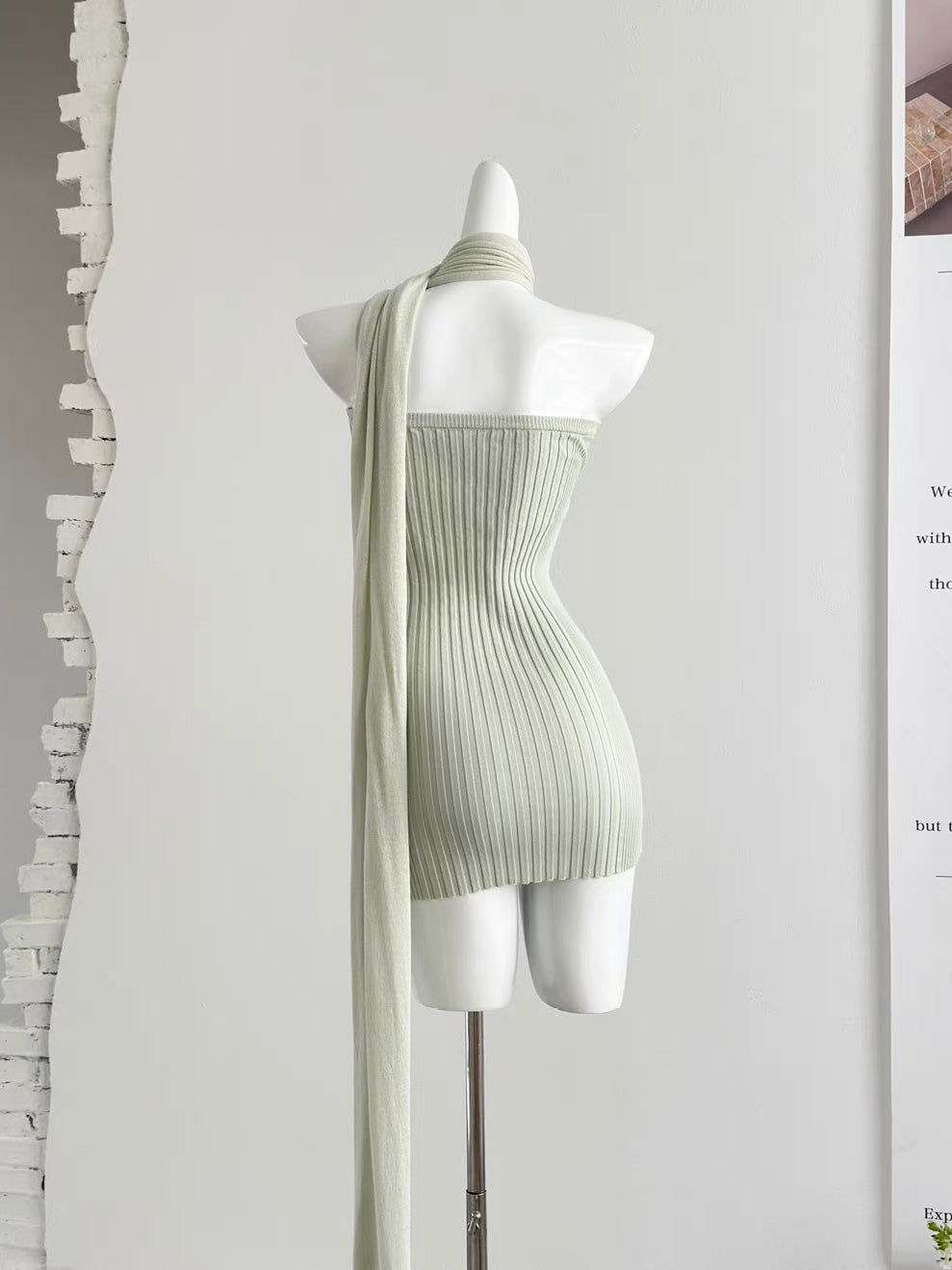 Sage Green Asymmetric Halter Knit Mini Dress