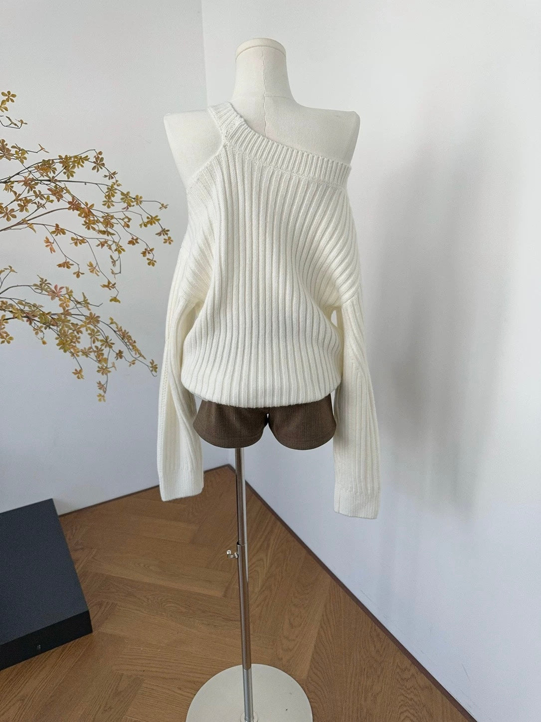 White Asymmetric Cut-Out Knit Sweater