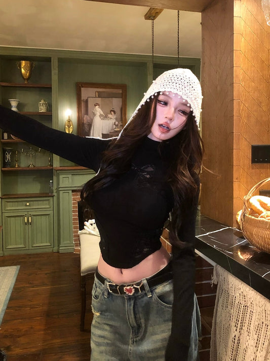 Lace Bow Symphony Long Sleeve Top - Black