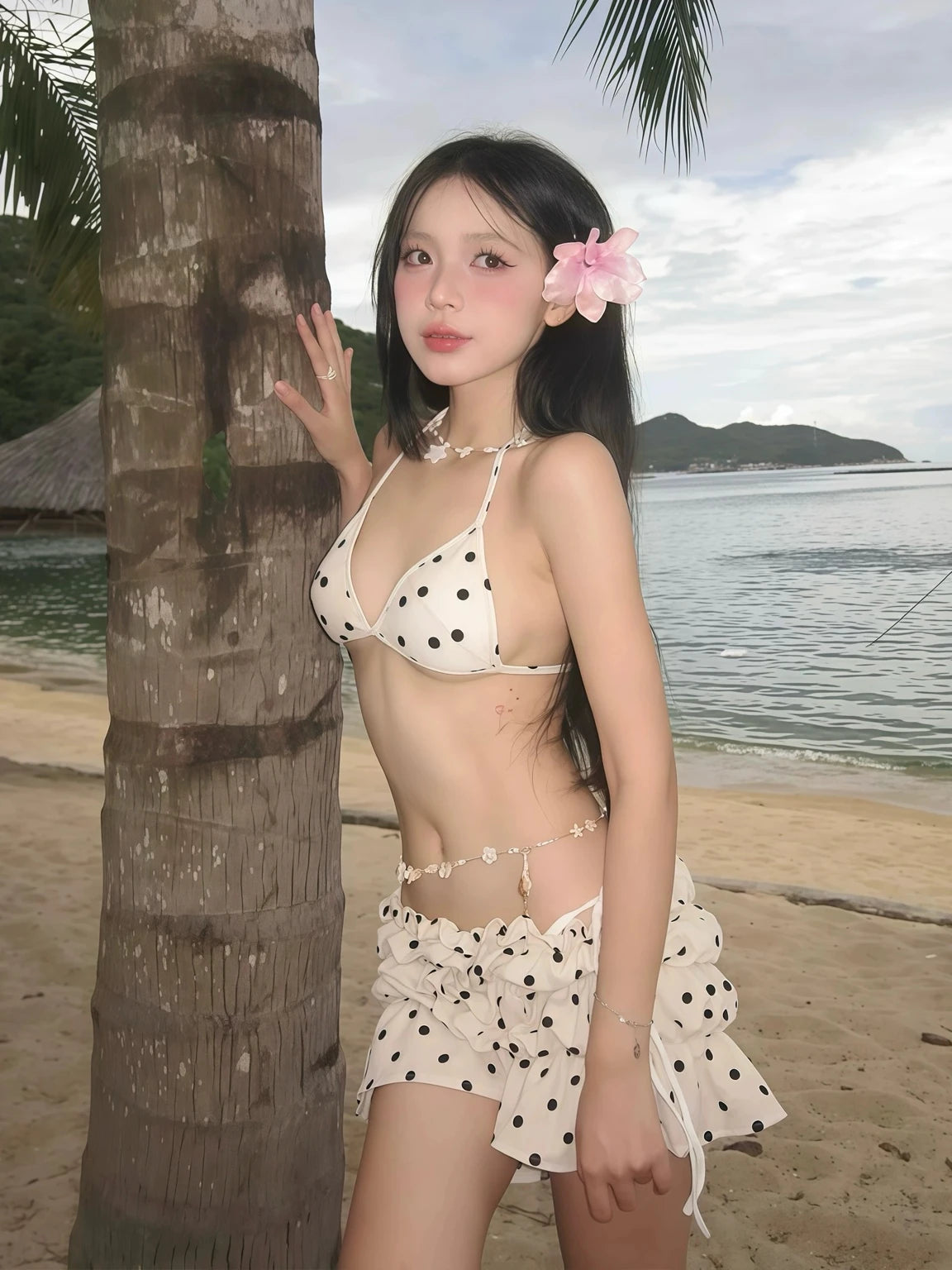 Polka Dot Triangle Halter Bikini Sets With Ruched Skirt