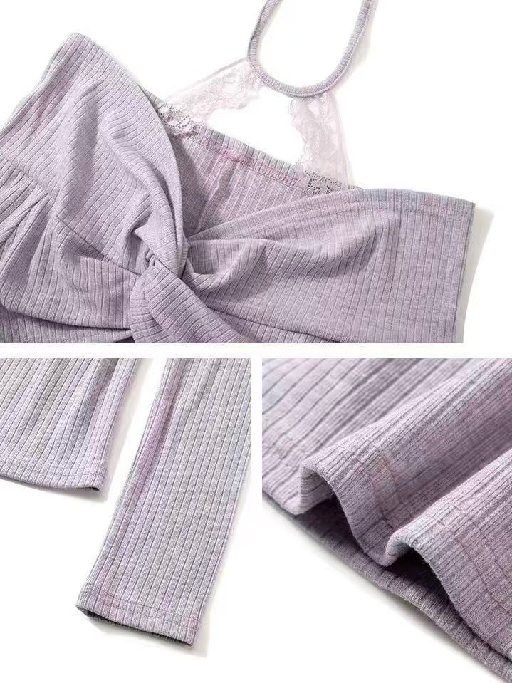 Lavender Off-Shoulder Twist Top with Lace Halter Detail