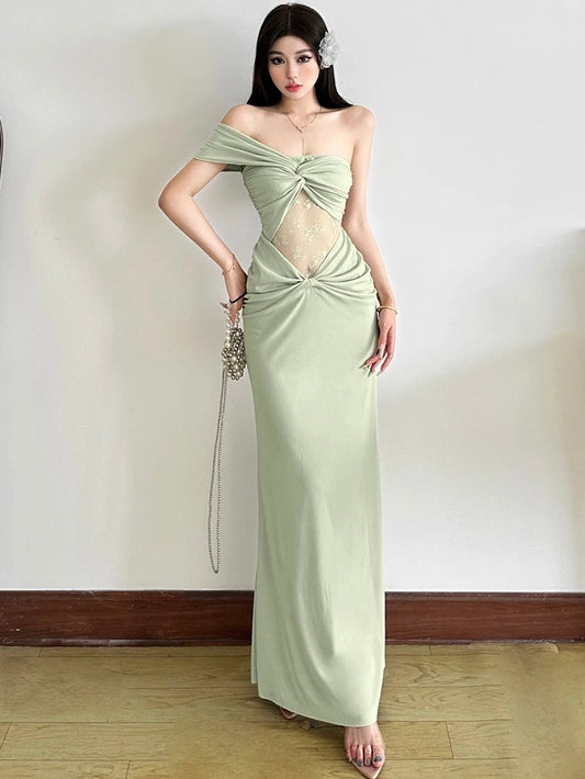 Mint Green One-Shoulder Lace Cut Out Maxi Dress