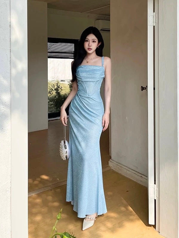Sparkling Baby Blue Corset Maxi Dress