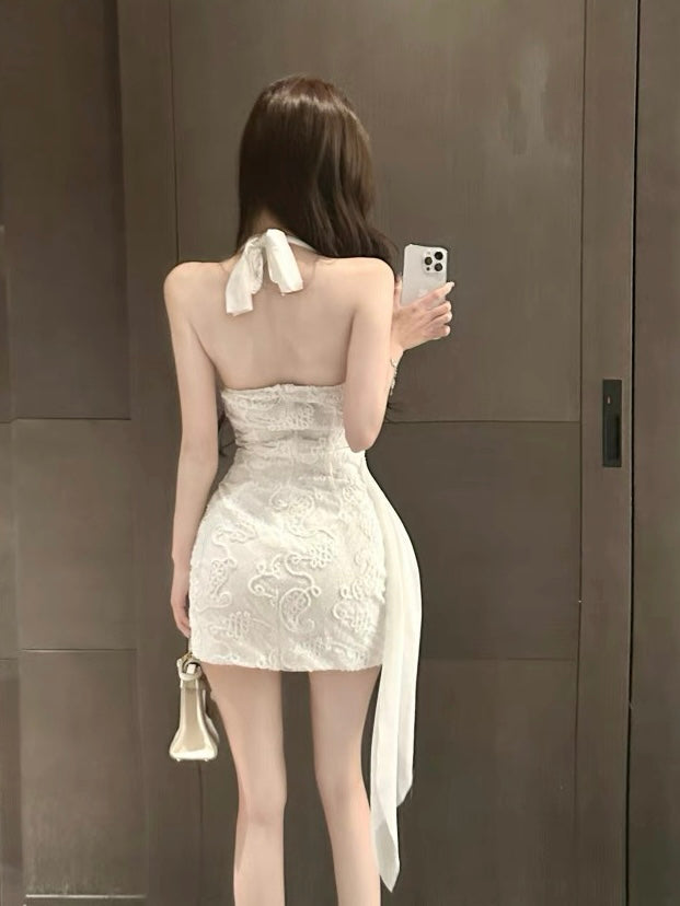 Padded Floral Embroidered White Mini Dress
