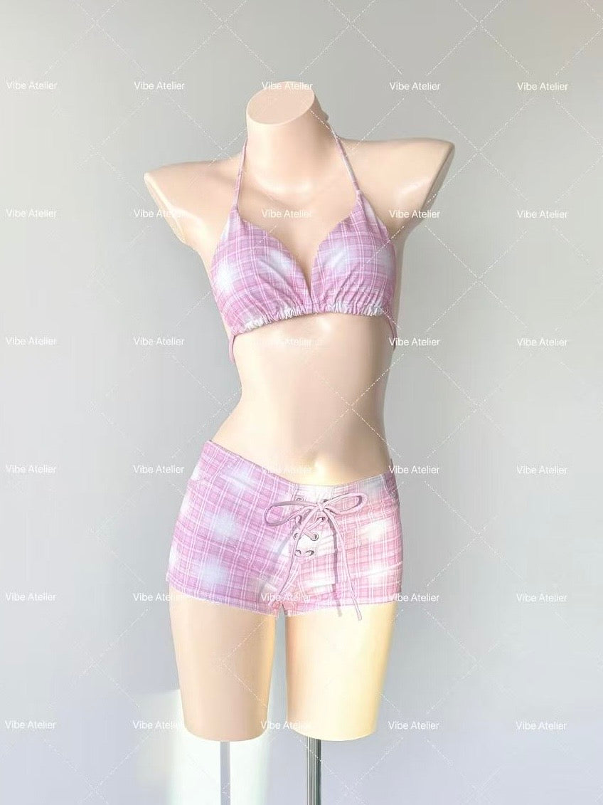 Pink Plaid Halter Triangle Bikini Set with Coverup & Sailor Hat