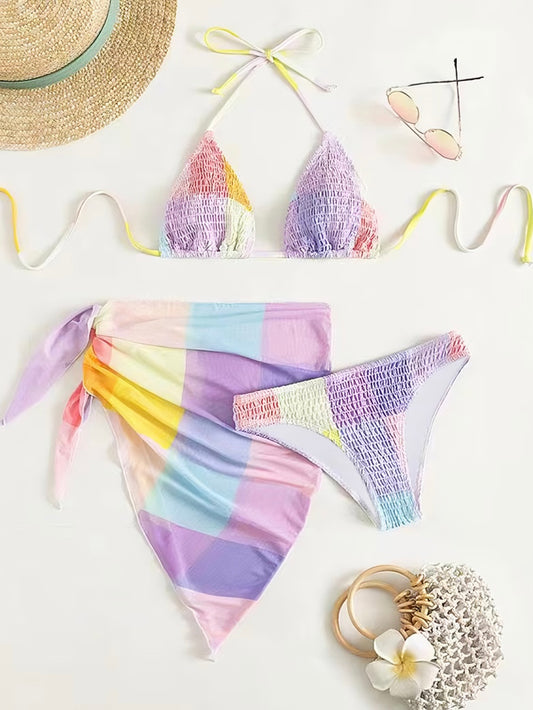 Candy Plaid Three-Piece Bikini Set