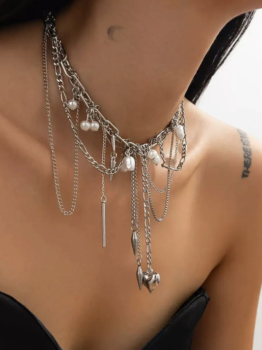 Multi-Layered Faux Pearl Heart Choker Necklace