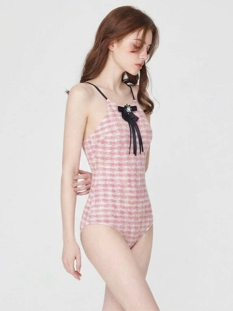 Pink Gingham Tweed One-Piece Swimsuit