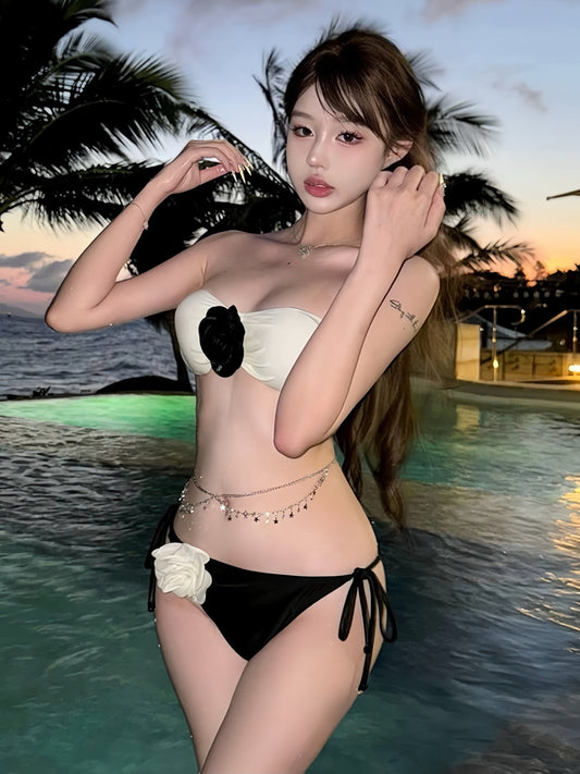 Flower Bandeau Bikini Set with Maxi Crochet Sarong