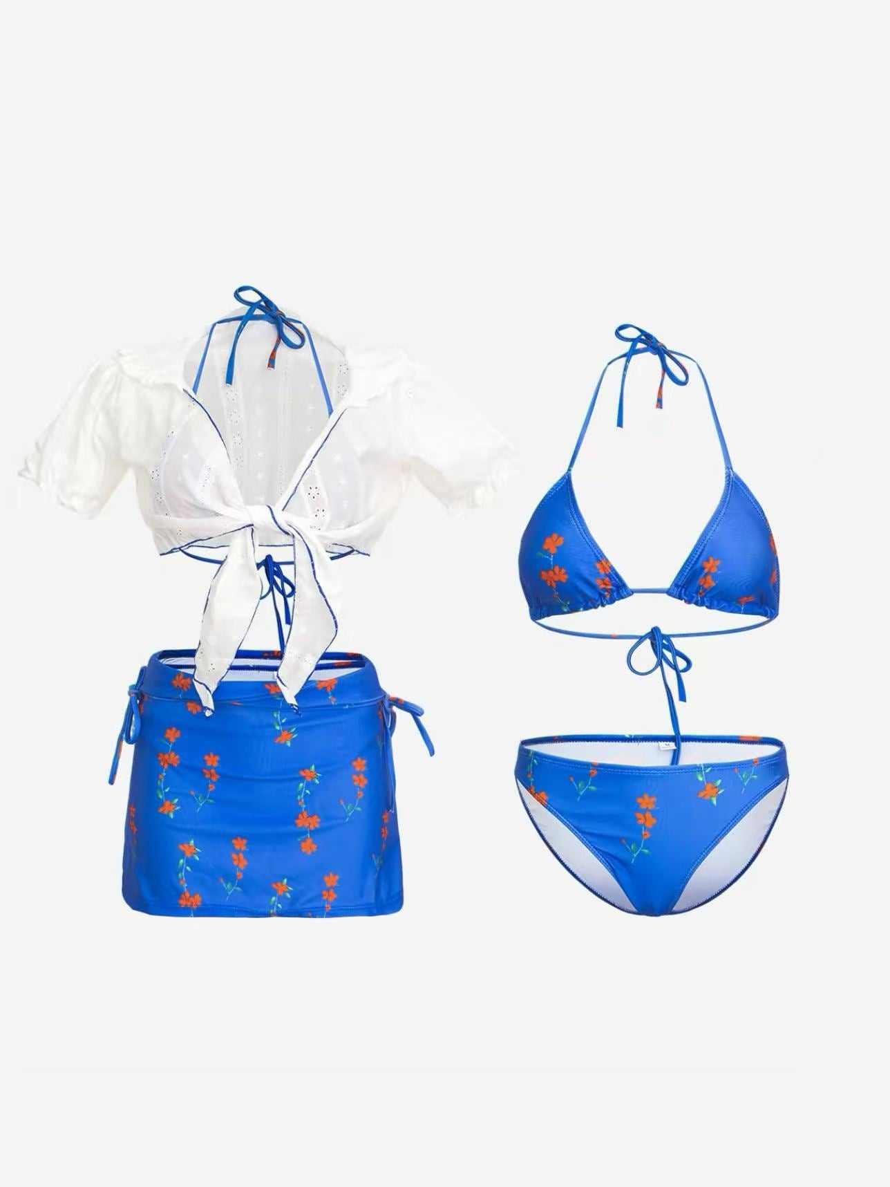 Klein Blue Blossom Triangle Bikini Set with Mini Skirt and Top