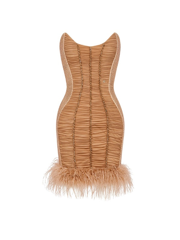 【Pre-Order】Clair Pearl Rhinestone Faux Fur Strapless Bodycon Mini Dress