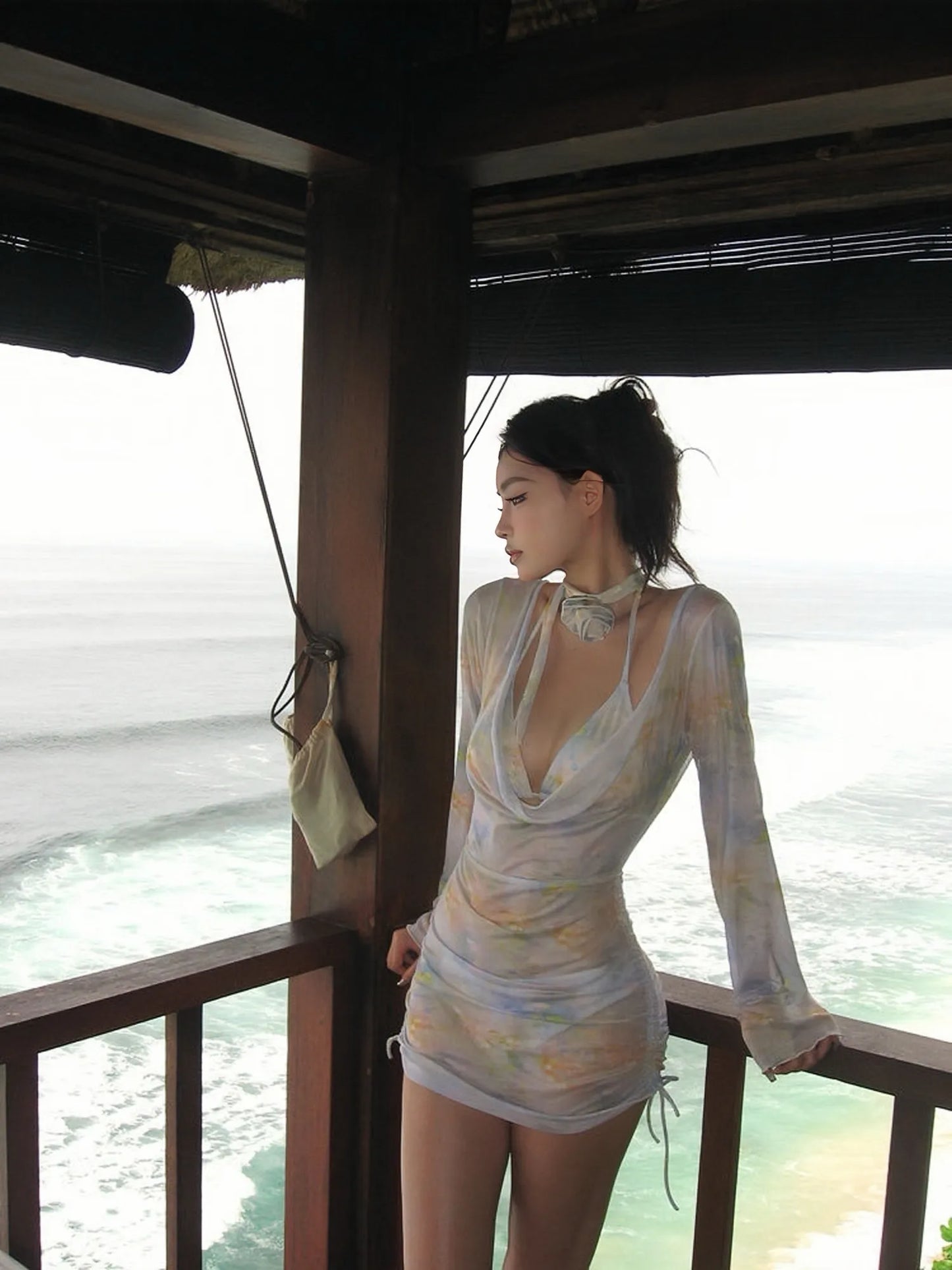 Monet Daydream 4-Piece Bikini Set - Watercolour Pastel Bikini, Cover-Up & Neck Ribbon