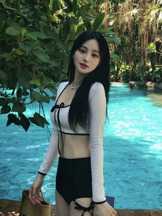 Nora Black & White 2-Piece Swimsuit Set – Tie Front Bikini Top & High-Waisted Bottoms