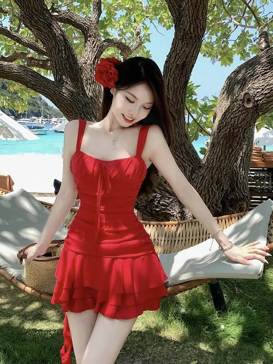 Red Reviera Ruched Swim Dress With Floral Hair Clip