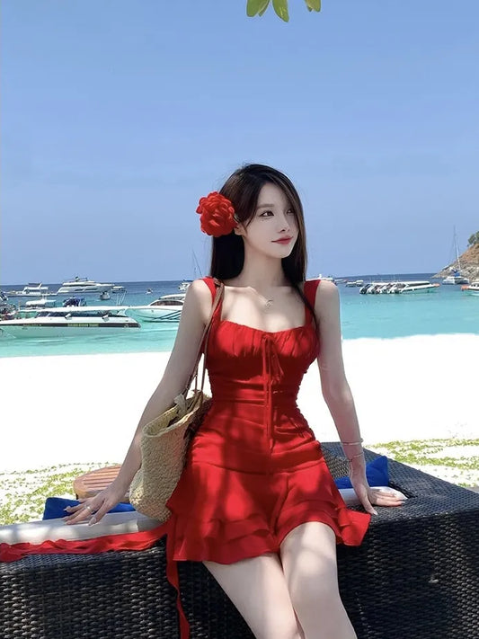 Red Reviera Ruched Swim Dress With Floral Hair Clip