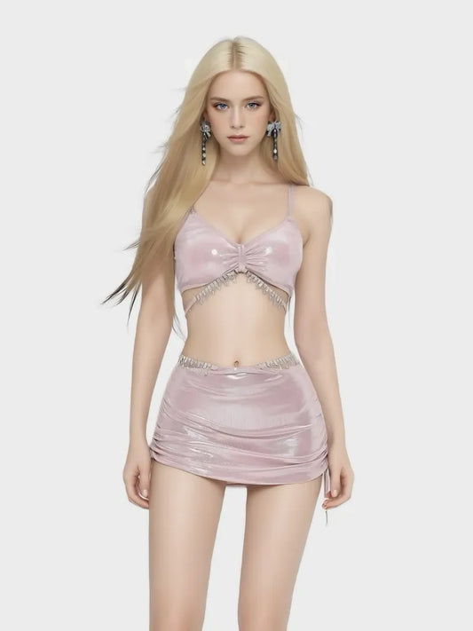 Roseanne Pink 3-Piece Bikini Set — Diamanté Embellishment & Skirt