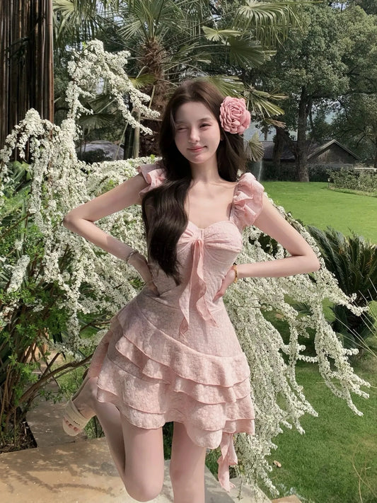 Sakura Pink Swim Dress — Floral Embroidery with Ruffle Hem & Underwire