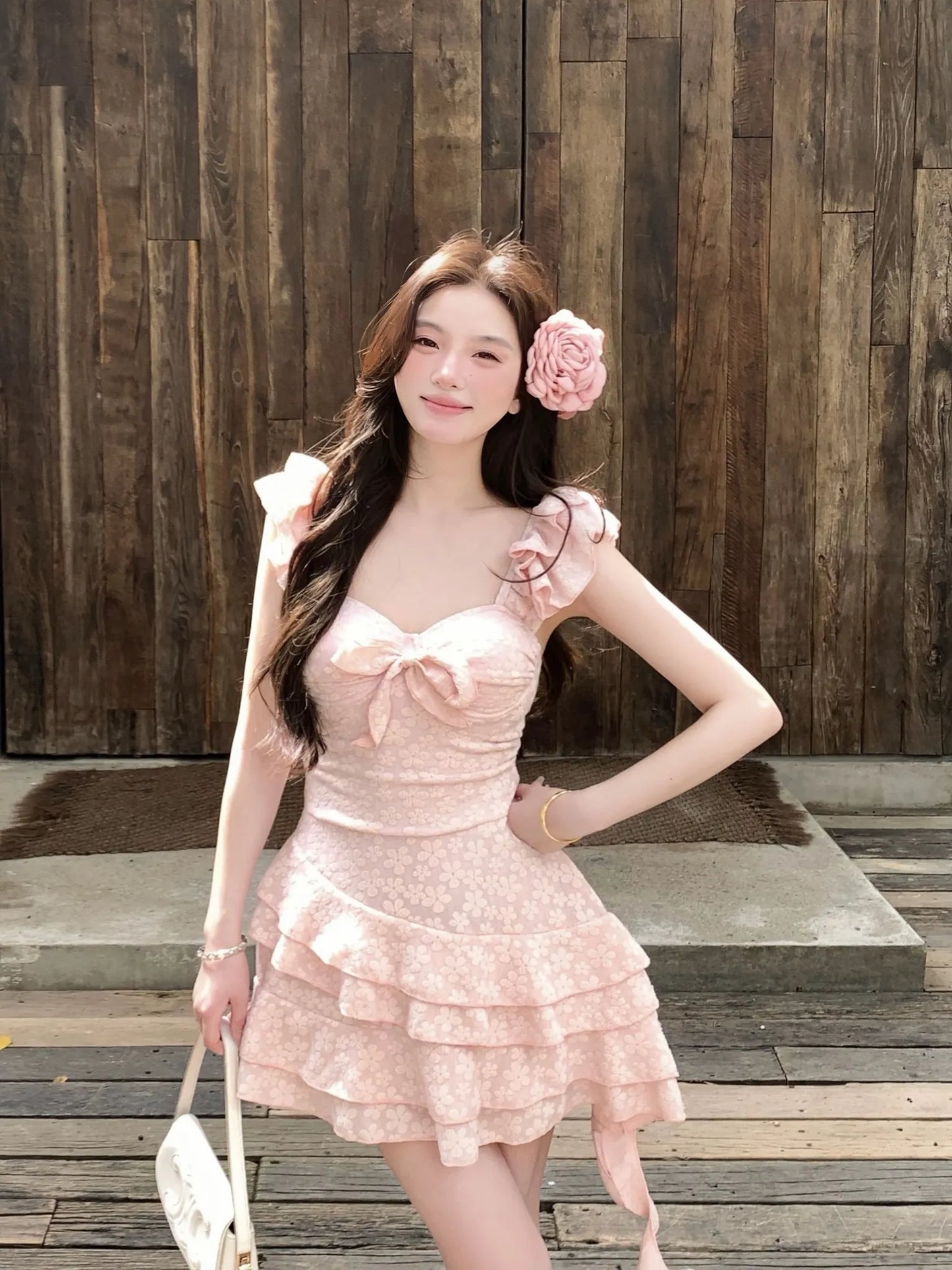 Sakura Pink Swim Dress — Floral Embroidery with Ruffle Hem & Underwire
