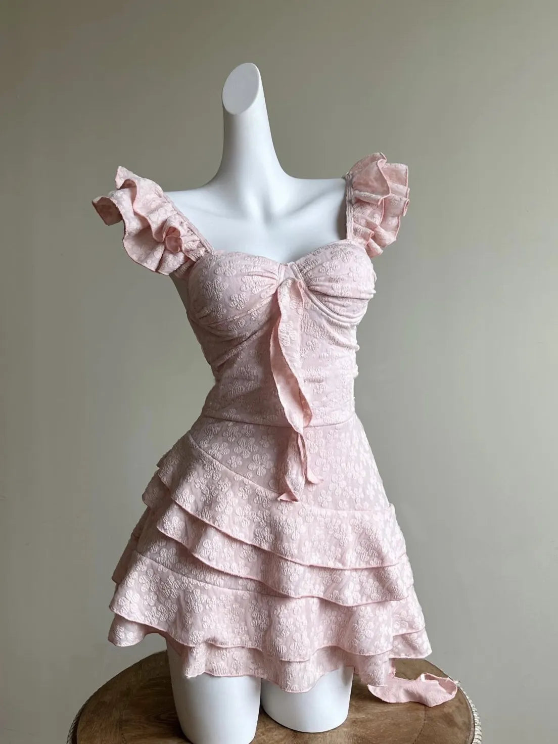 Sakura Pink Swim Dress — Floral Embroidery with Ruffle Hem & Underwire