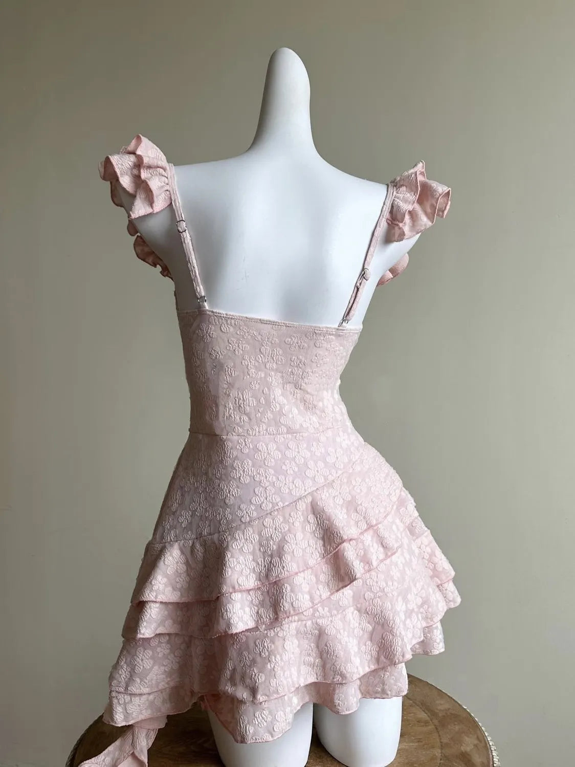 Sakura Pink Swim Dress — Floral Embroidery with Ruffle Hem & Underwire