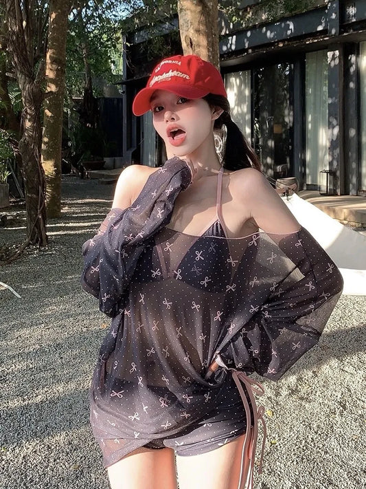 Sweet Rebellion Black & Pink Bow 4-Piece Bikini Set – Mesh Pullover & High-Waisted Shorts