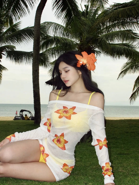 LIMITED💛Hibiscus Yellow 3-Piece Bikini Set - Underwire Towelling & Sheer Floral Mesh Tunic