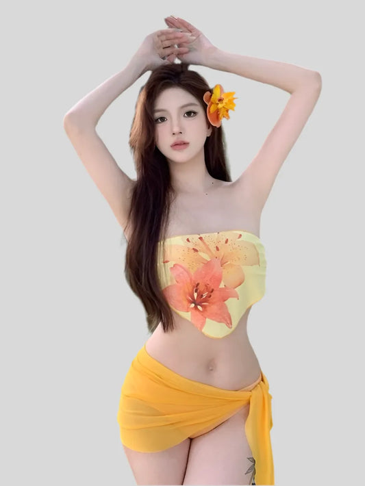 Tropical Summer Yellow 3-Piece Bikini Set – Floral Scarf Top, Bikini Bottom & Sheer Sarong