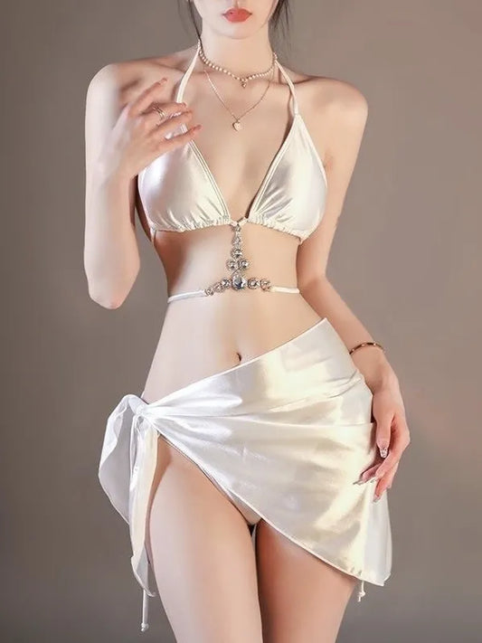 White Diamanté 3-Piece Bikini Set - Satin Luxe Bikini & Sarong