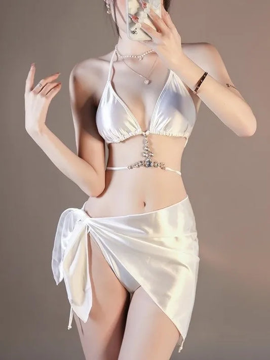White Diamanté 3-Piece Bikini Set - Satin Luxe Bikini & Sarong