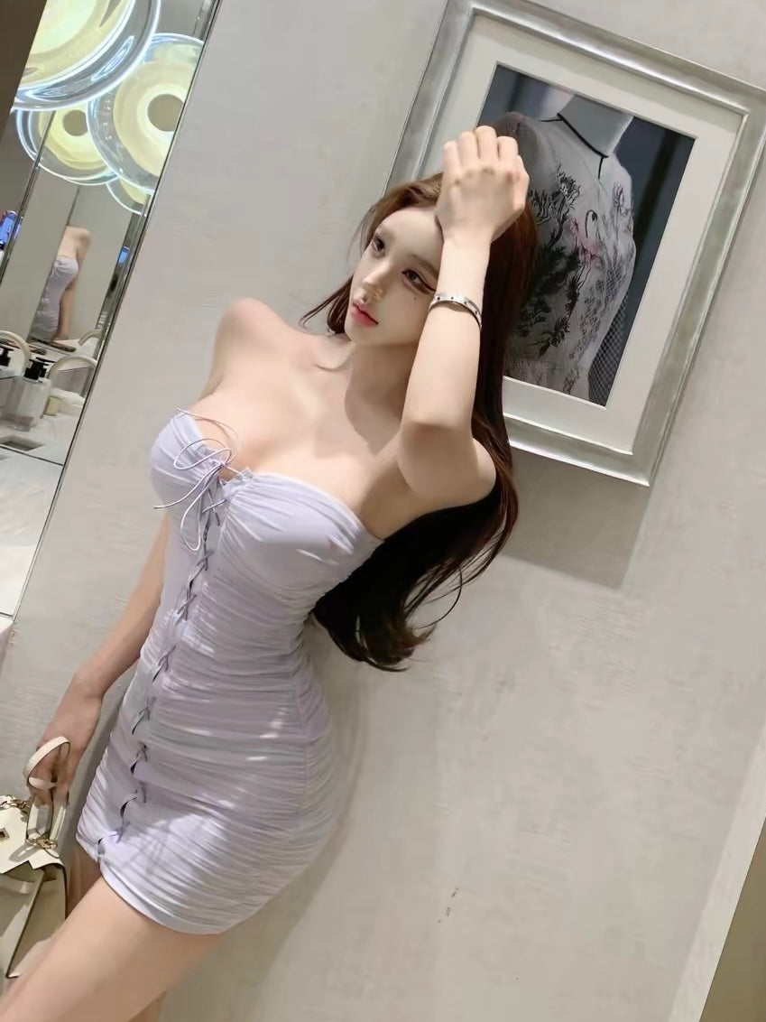 Lavender Ruched Lace-Up Mini Dress