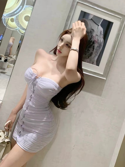 Lavender Ruched Lace-Up Mini Dress