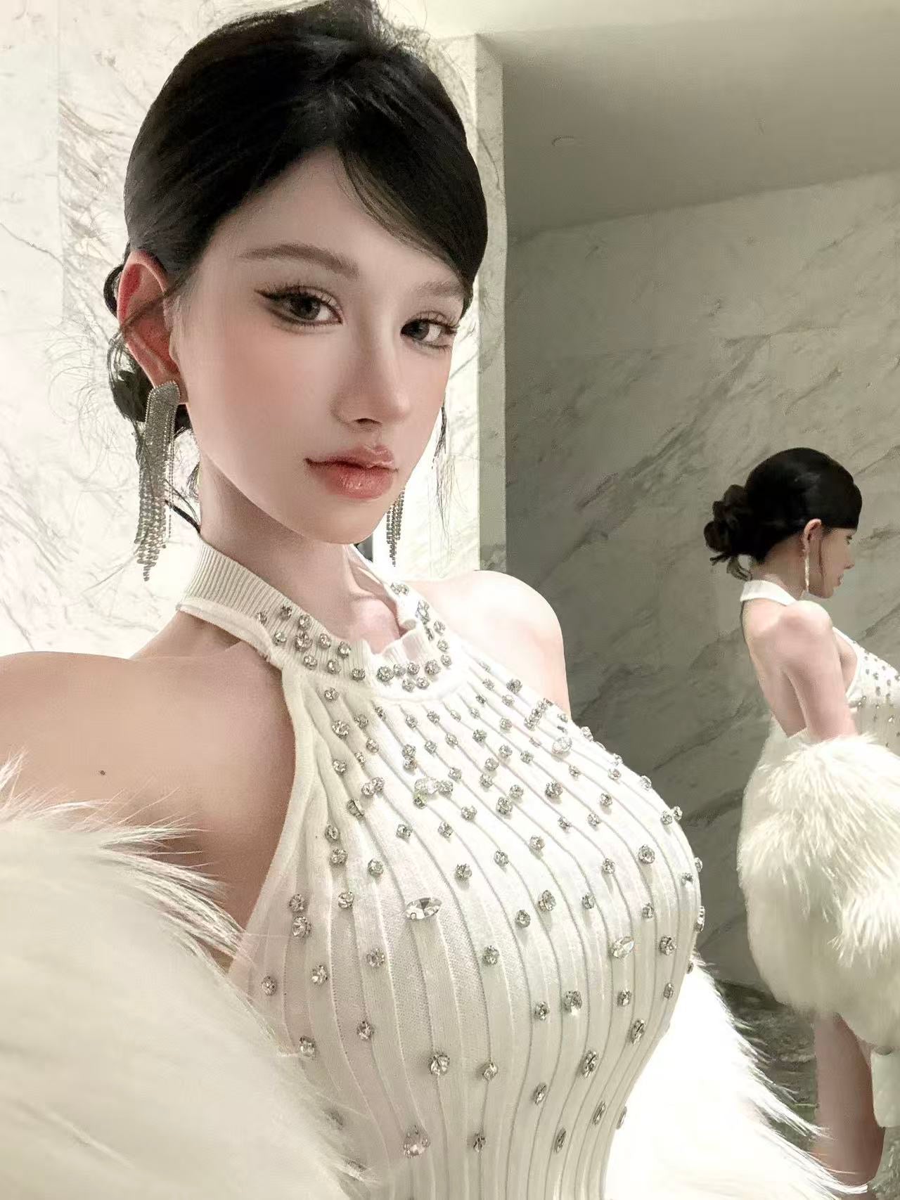 Crystal Diamanté Halter Knit Mini Dress