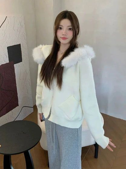 Snowy White Knit Zip-Up Jacket With Detachable Faux Fur
