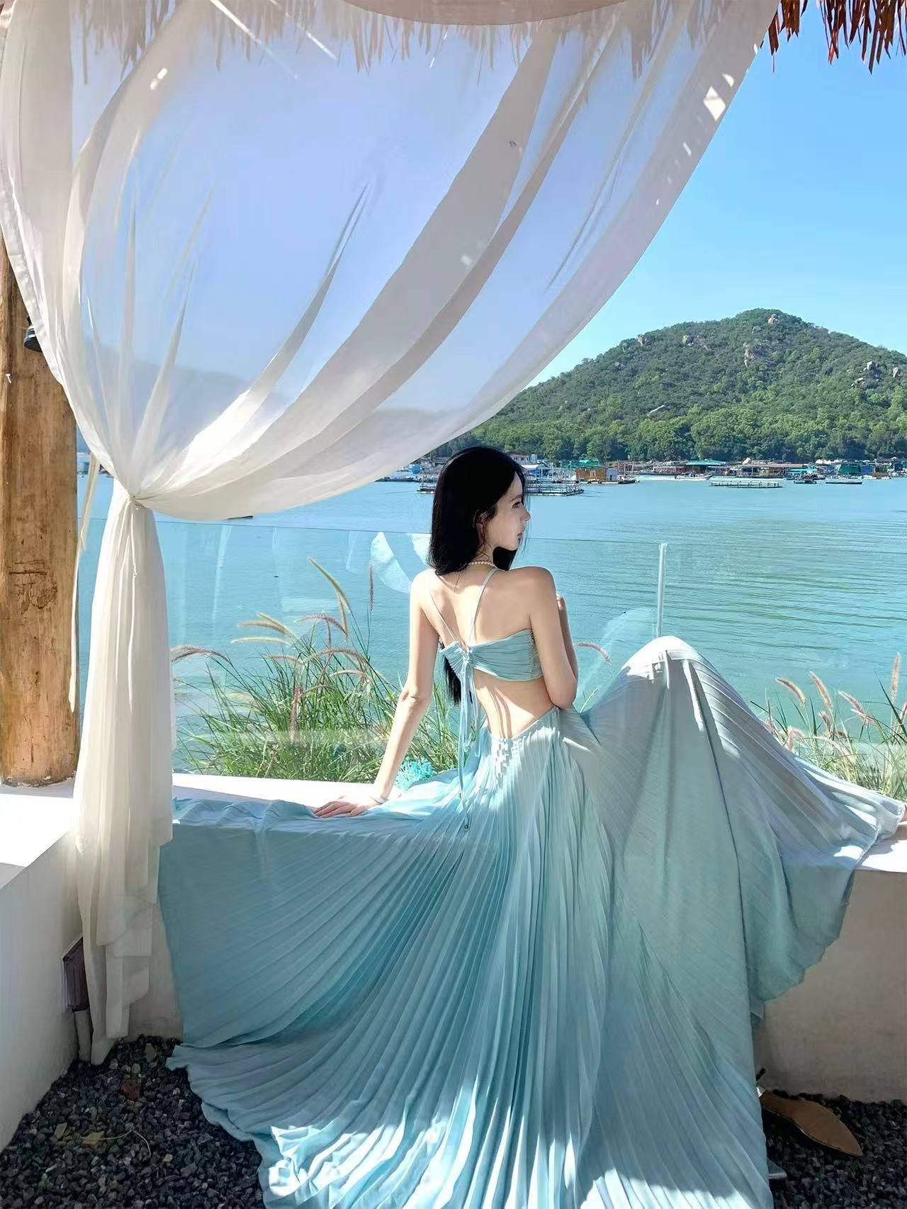 Baby Blue Cut-Out Pleated Maxi Dress
