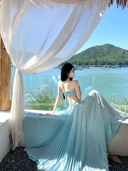 Baby Blue Cut-Out Pleated Maxi Dress