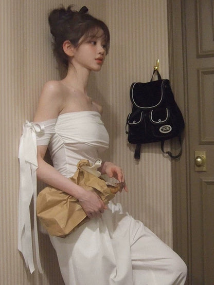 White Bowknot Tie Off-Shoulder Top