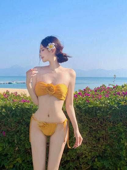 Sunbeam Floral Yellow 3-Piece Bikini Set With Crochet Cover-Up