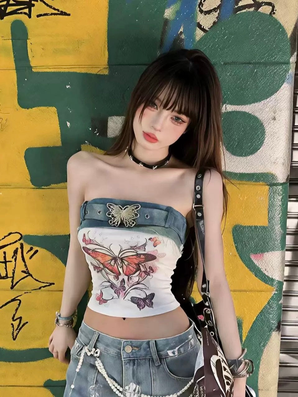 Y2K Butterfly Denim Bandeau Top