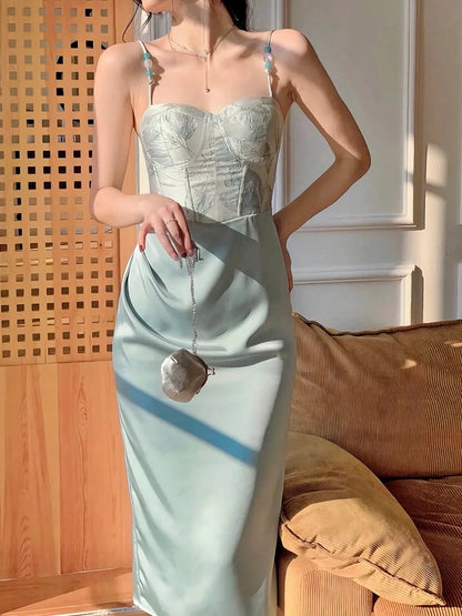 Mint Blue Embroidery Corset Maxi Dress With Built-In Padding