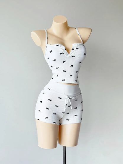 White Bow Print 3-Piece Tankini Set