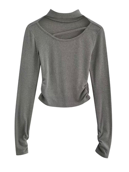 Grey Cut-Out Long Sleeve Top