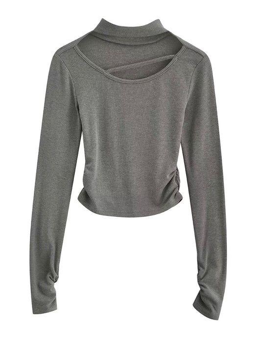 Grey Cut-Out Long Sleeve Top