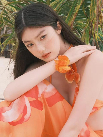 Orange Floral Print Bikini Set with Skirt - 3 Piece Bikini Set